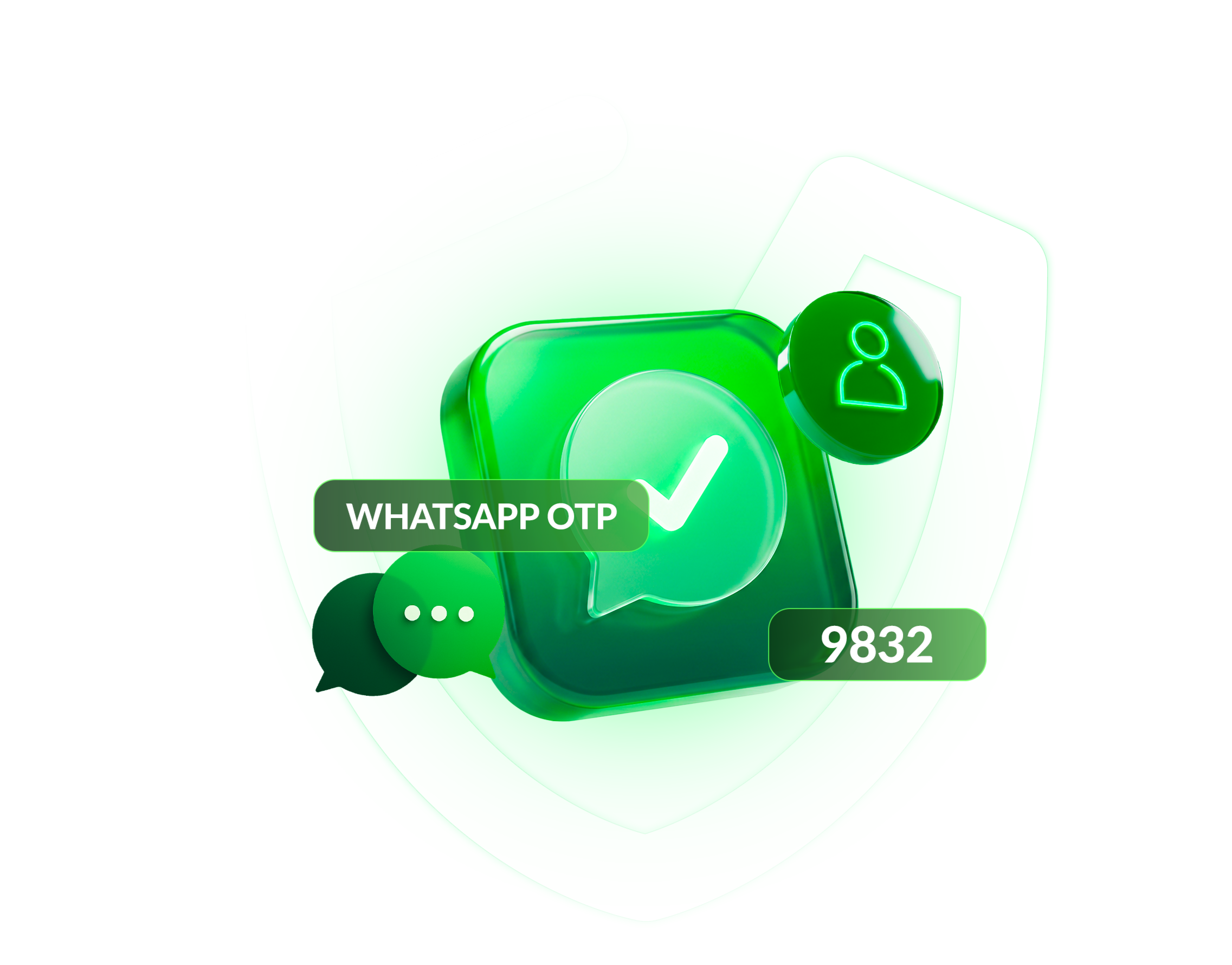رسم ثلاثي الأبعاد لرسالة WhatsApp OTP تعرض رمز التحقق ٩٨٣٢